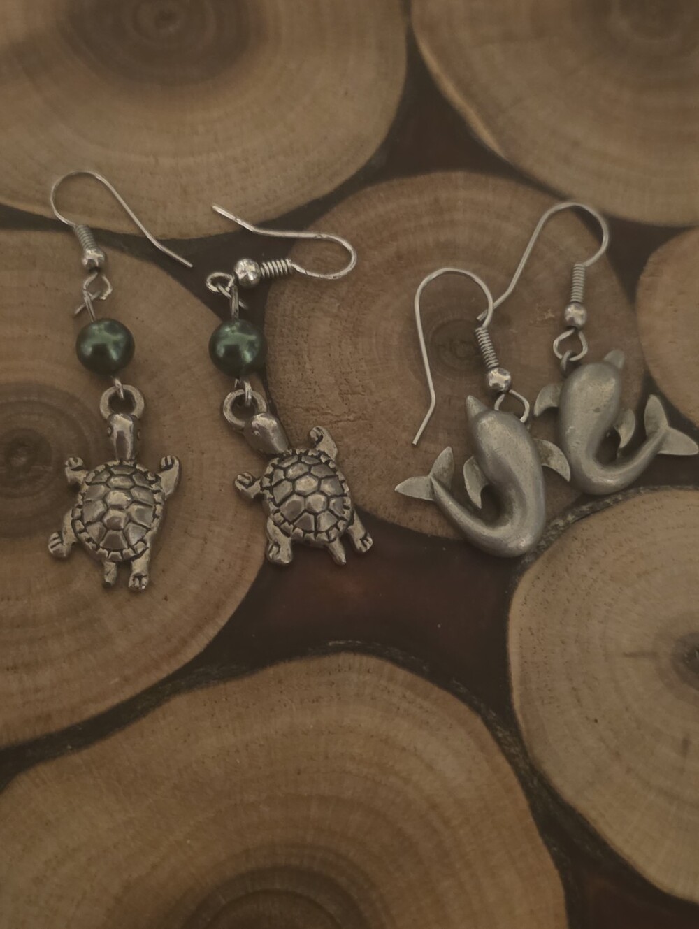 Turtle and Dolphin Dangle Earrings - Silver Tone with Green Beads - Pewter?